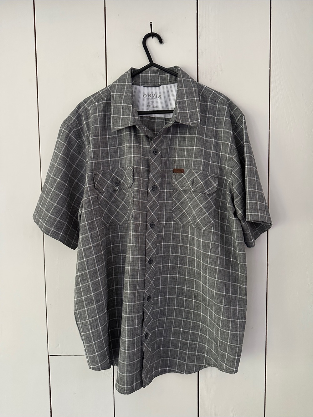 Orvis Men's Plaid Check Fishing Shirt Sz L Gray White